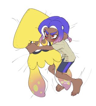  1boy ariamikukanzaki barefoot black_shorts blue_hair brown_shirt character_doll commentary dark-skinned_male dark_skin doll hirooooo_(splatoon) hugging_doll hugging_object lying male_focus nintendo octoling on_side pout red_eyes shirt shorts solo splatoon_(series) splatoon_3 tearing_up tentacle_hair thick_eyebrows veronika_(splatoon) 