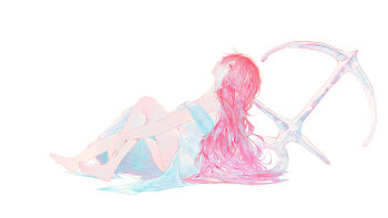  1girl akane_lize anchor aqua_dress barefoot commentary_request dress from_side full_body hair_spread_out hand_on_own_leg highres huhi_(huhi_1211) knees_up korean_commentary long_hair off-shoulder_dress off_shoulder profile reclining red_hair solo stellive very_long_hair virtual_youtuber 