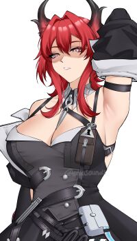  1girl absurdres arknights arknights:_endfield arm_strap arm_up armpits bare_shoulders black_dress breasts cleavage commentary dress english_commentary hair_intakes highres horns laevatain_(arknights) large_breasts looking_at_viewer medium_hair obosounds parted_lips pink_eyes pouch presenting_armpit red_hair shaded_face solo surtr_(arknights) upper_body 