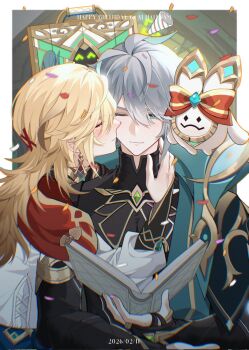  2boys 3thfloor1 ^_^ alhaitham_(genshin_impact) antenna_hair aranara_(genshin_impact) birthday black_gloves blonde_hair blush book border cape character_name chest_jewel chromatic_aberration closed_eyes closed_mouth commentary commentary_request dated earrings elbow_gloves english_commentary fingerless_gloves gem genshin_impact gloves gold_earrings gold_necklace gold_trim green_cape green_eyes green_gem green_hair grey_hair hair_between_eyes hair_ornament hand_on_another's_cheek hand_on_another's_face hand_up happy_birthday highres holding holding_book hug jewelry kaveh_(genshin_impact) long_hair long_sleeves male_focus mehrak_(genshin_impact) mixed-language_commentary multicolored_hair multiple_boys necklace one_eye_closed open_book parted_bangs partially_fingerless_gloves party_popper red_cape shirt smile swept_bangs tassel upper_body white_border white_shirt x_hair_ornament yaoi 