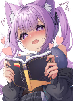  1girl @_@ absurdres ahoge animal_ears belt black_ribbon blush book breasts cat_ears cat_girl fang hair_ribbon heart highres holding holding_book hololive long_sleeves nekomata_okayu open_book open_mouth purple_eyes purple_hair ribbon rooby_n skin_fang solo sweat virtual_youtuber white_background 