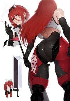  1girl android blue_eyes breasts chibi chibi_inset cigarette commentary cyberpunk cyborg english_commentary eva_(the_atko) from_behind highres holding holding_cigarette holding_sword holding_weapon joints long_hair mecha_musume mechanical_arms mechanical_legs multiple_views original prosthesis prosthetic_arm red_hair robot_joints smoking standing sword the_atko weapon 