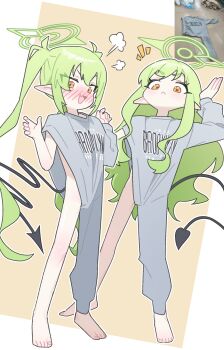  2girls :< :d absurdres alternate_costume asymmetrical_clothes backhand_index_finger_sweater barefoot black_tail blue_archive blue_eyes blush commentary_request demon_girl demon_tail fang feet full_body green_hair green_halo grey_sweater halo hands_up highres hikari_(blue_archive) ishikoro24 korean_commentary long_hair long_sleeves looking_at_viewer looking_down multiple_girls nozomi_(blue_archive) open_mouth photo-referenced puff_of_air rabbit_pose reference_inset siblings sideless_sweater single_pantsleg single_sleeve sisters skin_fang sleeveless sleeveless_sweater smile standing sweater tail thighs toes twins 