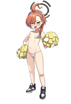 1girl absurdres ahoge bandaid bandaid_on_knee bandaid_on_leg bandaids_on_nipples blue_archive braid cheerleader fang female_focus flat_chest full_body halo highres kkusak_(kkusag_ks) loli looking_at_viewer mole mole_under_eye navel neru_(blue_archive) open_mouth panties pasties pom_pom_(cheerleading) red_eyes red_hair shoes short_hair simple_background single_braid smile sneakers solo standing topless_female underwear underwear_only white_background white_panties rating:Questionable score:109 user:danbooru
