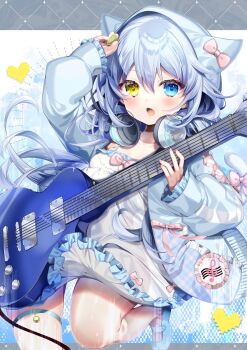  1girl animal_ear_hood animal_ears asagi_shiki blue_eyes blue_hair blue_jacket bow cat_ears chi_no commentary dress fake_animal_ears guitar headphones headphones_around_neck heterochromia highres holding holding_plectrum hood hooded_jacket indie_virtual_youtuber instrument jacket long_hair long_sleeves looking_at_viewer open_clothes open_jacket open_mouth pink_bow plectrum solo spaghetti_strap symbol-only_commentary virtual_youtuber white_dress yellow_eyes 