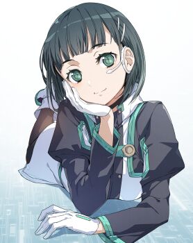  1girl augma black_dress black_hair black_pantyhose blue_eyes bob_cut closed_mouth commentary dress earpiece elbow_rest gloves hair_ornament hairclip head_rest head_tilt highres kirigaya_suguha looking_at_viewer lying on_stomach pantyhose short_dress short_hair simple_background smile solo sword_art_online sword_art_online_the_movie:_ordinal_scale two-tone_dress white_dress white_gloves yoru_kiri 