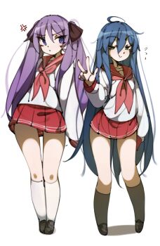 2girls ahoge anger_vein blue_hair deko_morii flying_sweatdrops green_eyes highres hiiragi_kagami huge_ahoge izumi_konata long_hair lucky_star mole mole_under_eye multiple_girls neckerchief pleated_skirt purple_eyes purple_hair red_neckerchief red_sailor_collar red_skirt ryouou_school_uniform sailor_collar school_uniform serafuku simple_background skirt twintails very_long_hair white_background white_serafuku  rating:General score:23 user:danbooru