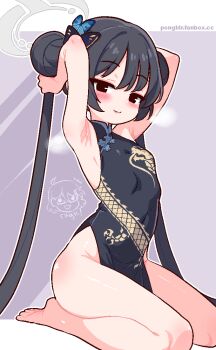  1girl armpit_focus armpits bare_legs barefoot black_dress black_hair blue_archive breasts china_dress chinese_clothes commentary double_bun dragon_print dress english_commentary hair_bun hair_ornament halo kisaki_(blue_archive) loli long_hair looking_at_viewer no_panties pongldr sitting small_breasts solo twintails  rating:Sensitive score:96 user:SassyLoliCorrector
