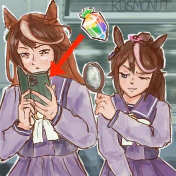  2girls :3 animal_ears arrow_(symbol) artist_name blue_eyes brown_hair carat_(umamusume) cellphone highres holding horse_ears horse_girl kosmonut long_hair looking_at_phone looking_through_magnifying_glass magnifying_glass meme multiple_girls one_eye_closed open_mouth phone school_uniform sitting smartphone symboli_rudolf_(umamusume) tokai_teio_(umamusume) tracen_school_uniform umamusume 