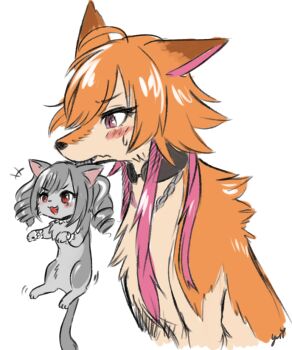  animal_focus animal_with_hair animalization blush brown_dog cat dog drill_hair grey_cat grey_hair idolmaster idolmaster_cinderella_girls kanzaki_ranko mahoxyshoujo mouth_hold ninomiya_asuka no_humans orange_hair red_eyes simple_background twin_drills white_background 
