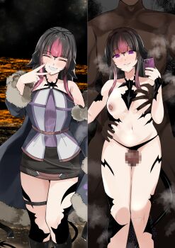  1boy 1girl absurdres au_ra black_hair black_horns black_panties black_scales black_tail blush breasts breath cellphone censored closed_eyes coat commission dark-skinned_male dark_skin dragon_girl dragon_horns dragon_tail endou_(zettai_bluenoid) final_fantasy final_fantasy_xiv fur-trimmed_coat fur-trimmed_sleeves fur_trim grabbing_another's_breast grabbing_from_behind groping happy height_difference hetero highres holding holding_phone horns interracial long_hair looking_at_viewer mosaic_censoring multicolored_hair naughty_face nipples panties penis phone pink_hair purple_eyes scales selfie shizuna_kurogane simple_background skeb_commission smile tail tall_male thighs two-tone_hair underwear v very_dark_skin warrior_of_light_(ff14) 