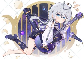  1girl antenna_hair blue_eyes chinese_commentary commentary_request cp2980606 crescent_moon document_tube earrings floating full_moon grey_hair guitar half_moon highres instrument jewelry jishenkong_jihua kneehighs long_hair long_sleeves looking_at_viewer microphone moon moon_phases multiple_moons oumua_(jishenkong_jihua) shorts single_bare_leg socks virtual_youtuber white_background 