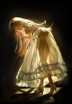  1girl absurdres amano_(amn_amn) backlighting belt_buckle bent_over blonde_hair breasts buckle closed_mouth commentary dark_background dress finger_to_mouth flipped_hair frilled_dress frills from_side full_body gakuen_idolmaster grey_ribbon hair_ornament hairclip hand_up high_heels highres idolmaster index_finger_raised long_dress long_hair looking_at_viewer neck_ribbon parallel_hairclips photo-referenced puffy_short_sleeves puffy_sleeves ribbon see-through_silhouette shadow shinosawa_hiro shoes short_sleeves small_breasts smile solo standing strappy_heels white_dress white_shoes yellow_eyes  rating:Sensitive score:22 user:danbooru