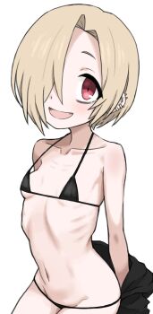  1girl arms_behind_back barbell_piercing bare_shoulders bikini black_bikini blonde_hair breasts clothes_down collarbone cowboy_shot ear_piercing fangs groin hair_over_one_eye halulu highres idolmaster idolmaster_cinderella_girls industrial_piercing loli looking_at_viewer lowleg lowleg_bikini micro_bikini navel one_eye_covered open_mouth piercing red_eyes ribs shirasaka_koume short_hair simple_background small_breasts smile solo swimsuit tareme white_background 