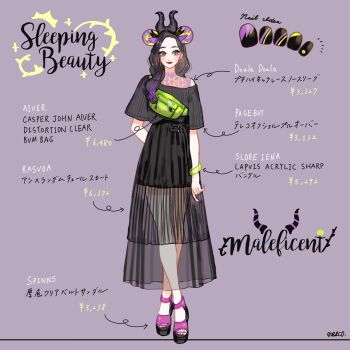  1girl bag bracelet character_name commentary_request contemporary copyright_name eyeshadow fake_horns full_body horns jewelry long_hair makeup maleficent meecosme mickey_mouse_ears sandals shirt skirt sleeping_beauty_(disney) smile solo wavy_hair 