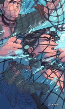  1boy absurdres air_bubble black_hair bubble closed_eyes closed_mouth commentary ear_piercing earrings english_commentary entangled fisherman fishing_net genshin_impact grey_shirt highres holding_breath jewelry male_focus multiple_views naya_(onaxart) open_mouth piercing scar scar_on_arm shirt short_hair solo submerged twitter_username underwater wriothesley_(genshin_impact) 