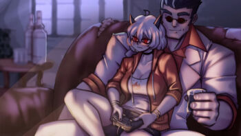  1boy 1girl black_horns blush bottle breasts cleavage commentary controller couch demon_girl demon_horns english_commentary game_controller gonzalocosta888 helltaker helltaker_(character) highres holding holding_controller holding_game_controller horns jacket malina_(helltaker) playing_games red_eyes shirt short_hair sitting sitting_on_lap sitting_on_person smile sunglasses white_hair 