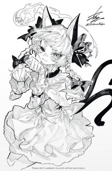 1girl animal_ears arikanrobo bow bowtie braid cat_ears cat_girl cat_tail collar kaenbyou_rin monochrome multiple_tails one_eye_closed solo tail touhou