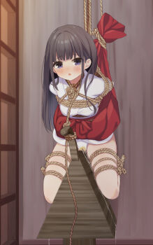 1girl arms_behind_back bdsm black_hair blunt_bangs blush bondage bound bound_arms bound_legs bound_torso breasts cameltoe clothes_lift crying crying_with_eyes_open embarrassed hakama hakama_skirt hamuta_(machosbrown) highres indoors japanese_clothes kimono large_breasts legs_apart long_hair long_skirt long_sleeves looking_ahead looking_up miko open_mouth original panties pee pee_stain peeing peeing_self pelvic_curtain purple_eyes red_skirt rope shibari shibari_over_clothes shirt sidelocks skin_tight skindentation skirt skirt_lift solo spread_legs tearing_up tears thighs tongue underwear wet wet_clothes wet_panties white_panties white_shirt wooden_horse  rating:Explicit score:13 user:Sexy.Beast
