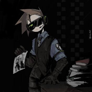  1boy black_gloves black_pants black_vest blue_shirt book book_stack brown_hair checkered_necktie collared_shirt commentary cowboy_shot edd_(eddsworld) eddsworld english_commentary future_edd_(eddsworld) future_tom_(eddsworld) gloves headset highres holding holding_photo lcd male_focus necktie pants photo_(object) shirt short_hair signature skrip_0w0 solo spiked_hair standing sunglasses tom_(eddsworld) vest 