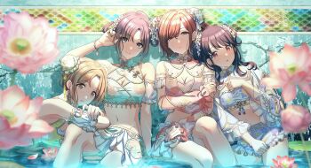  4girls artist_request asakura_toru bare_shoulders bikini black_hair blue_hair blurry blurry_foreground breasts brown_hair bun_cover chinese_clothes cleavage cleavage_cutout clothing_cutout detached_sleeves double_bun floral_print flower fukumaru_koito gradient_hair hair_bun hair_flower hair_ornament highres higuchi_madoka ichikawa_hinana idolmaster idolmaster_shiny_colors long_hair looking_at_viewer lotus medium_breasts midriff mole mole_under_eye multicolored_hair multiple_girls navel noctchill_(idolmaster) official_art partially_submerged petals pink_flower purple_eyes short_hair skirt skirt_tug smile swept_bangs swimsuit water wet 