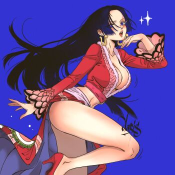  1girl ass black_hair blue_background blue_eyes boa_hancock breasts cleavage commentary crop_top earrings english_commentary eris21471224 eyelashes floating_hair high_heels highres jewelry long_hair long_sleeves one_piece open_mouth pink_sash profile red_shirt red_shoes red_skirt sash shirt shoes sidelocks signature simple_background skirt snake_earrings solo sparkle standing standing_on_one_leg thighs 