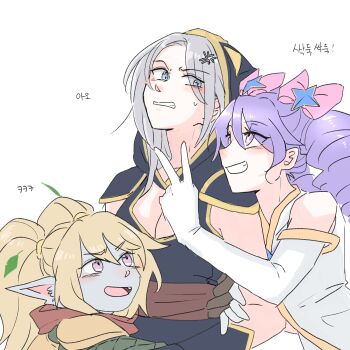  3girls anger_vein arm_hug ashe_(league_of_legends) bare_shoulders blonde_hair blue_hair bow breasts cleavage clenched_teeth elbow_gloves gloves grey_hair grin gwen_(league_of_legends) hair_ornament highres hug large_breasts league_of_legends looking_at_another looking_up multiple_girls pink_bow pointy_ears poppy_(league_of_legends) shoulder_plates simple_background smile star_(symbol) star_guardian_gwen star_hair_ornament teeth translation_request twintails white_background white_gloves xayahsona_27 yordle  rating:Sensitive score:2 user:danbooru