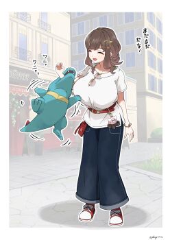  1girl belt biting biting_another's_hand breasts brown_hair closed_eyes converse denim fang full_body gen_2_pokemon glassy0302 green_pants highres huge_breasts jeans kuraishi_ringo_(glassy0302) major_injury_underreaction motion_lines nintendo original pants pokemon pokemon_(creature) pokemon_legends:_z-a red_belt red_shoes shirt shoes smile solo standing sunglasses totodile translation_request unworn_eyewear white_shirt 