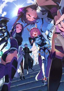  1boy 5girls absurdres armor armored_bodysuit armored_leotard ass black_bodysuit black_hair black_pantyhose blue_eyes blue_hair blue_sky bodysuit breastplate breasts cecil_(nikke) cloud coat dorothy_(nikke) dress fang from_behind from_below goddess_of_victory:_nikke harran_(nikke) hat high_heels highres holding holding_unworn_clothes holding_unworn_hat horns inherit_(nikke) isabel_(nikke) johan_(nikke) jueun2817 large_breasts leg_armor leotard long_hair looking_at_viewer mechanical_horns mechanical_wings military_uniform multiple_girls noah_(nikke) outdoors pantyhose pink_eyes pink_hair short_hair skin_fang sky smile smug stairs sun thighs unworn_hat unworn_headwear white_coat white_dress white_hair wings 