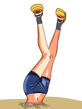 1girl inugami-ke_no_ichizoku_pose legs lower_body masalu_kai may_(pokemon) navel nintendo pokemon pokemon_(creature) pokemon_rse ryona shorts stuck upside-down