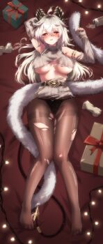  1girl absurdres ahoge arm_up bare_shoulders beer_can black_horns black_nails black_panties black_tail blush box breasts brown_pantyhose can commentary crushed_can cs_(connectedskyy) curled_horns demon_tail drink_can english_commentary feather_boa full_body gift gift_box grey_sweater hair_between_eyes hand_up highres horns large_breasts looking_at_viewer lying nail_polish no_bra no_shoes on_back panties panties_over_pantyhose pantyhose smile solo sweater tail torn_clothes torn_pantyhose torn_sweater underboob underwear wuthering_waves zani_(wuthering_waves) 