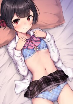  1girl black_hair black_skirt blue_bra blue_panties bow bowtie bra breasts closed_mouth clothes_lift collarbone commentary_request cowboy_shot diagonal-striped_bow diagonal-striped_bowtie diagonal-striped_clothes hair_ribbon idolmaster idolmaster_shiny_colors long_sleeves looking_at_viewer lying morino_rinze navel nya-c on_back open_clothes open_shirt panties pillow pink_bow pink_bowtie plaid_bra plaid_clothes plaid_panties plaid_skirt red_eyes red_ribbon ribbon shirt skirt skirt_lift small_breasts solo stomach striped_bow striped_bowtie striped_clothes underwear white_shirt 