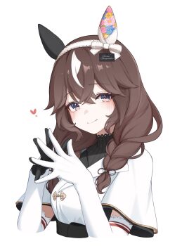  1girl absurdres animal_ears astra_chichi asymmetrical_gloves black_gloves blush braid brown_eyes brown_hair capelet character_name closed_mouth commentary_request crossed_bangs curren_bouquetd'or_(umamusume) dress elbow_gloves gloves hair_between_eyes hairband highres horse_ears horse_girl long_hair looking_at_viewer low_twin_braids mismatched_ear_covers mismatched_gloves mixed-language_commentary multicolored_hair simple_background solo steepled_fingers streaked_hair twin_braids umamusume white_background white_capelet white_dress white_gloves white_hairband white_streaks 