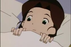  1990s_(style) 1boy 1girl animated apron audible_speech barefoot bed bedroom black_hair blue_eyes brown_hair closed_eyes english_audio indoors lowres lying mature_female medarot mother_and_son on_back pajamas pillow prank retro_artstyle skirt sleeping sound tagme tenryou_chidori tenryou_ikki video  rating:Sensitive score:39 user:surveyork