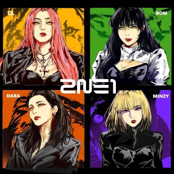  2ne1 4girls black_hair blonde_hair breasts character_name chinese_commentary cl_(rapper) cleavage collarbone colored_tips commentary copyright_name cross cross_necklace earrings english_commentary everyone green_eyes hair_behind_ear highres jacket jewelry k-pop lipstick long_hair looking_at_viewer makeup medium_breasts medium_hair miao_da_ye_ye minzy_(singer) mixed-language_commentary mole mole_under_mouth multicolored_hair multiple_girls necklace orange_eyes panther park_bom parted_lips pink_hair purple_eyes real_life sandara_park shirt shrug_(clothing) smile straight-on strapless strapless_shirt sweater yellow_eyes 