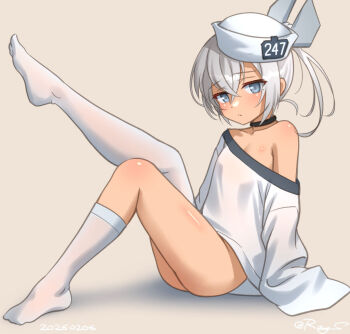  1girl dace_(kancolle) dixie_cup_hat grey_background grey_eyes grey_hair hat headgear kantai_collection loli looking_at_viewer military_hat no_swimsuit one-piece_swimsuit ray.s shirt side_ponytail single_thighhigh sitting sleeves_past_wrists solo swimsuit thighhighs white_hat white_shirt white_thighhighs 