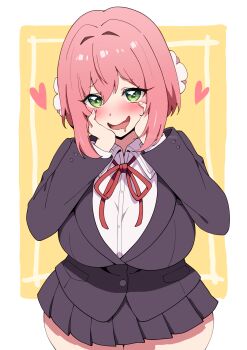  1girl absurdres black_jacket black_skirt blazer blush border breasts collared_shirt commentary_request cowboy_shot drooling green_eyes hanazono_hakari hands_on_own_cheeks hands_on_own_face harurukan heart highres jacket kimi_no_koto_ga_dai_dai_dai_dai_daisuki_na_100-nin_no_kanojo large_breasts long_sleeves looking_at_viewer mouth_drool neck_ribbon ohananomitsu_high_school_uniform open_mouth outside_border pink_hair pleated_skirt red_ribbon ribbon school_uniform shirt short_hair skirt smile solo white_border white_shirt yellow_background 