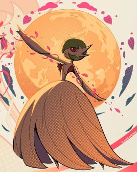  artist_name bob_cut colored_skin dress elbow_gloves full_moon gardevoir gen_3_pokemon gloves green_hair highres mattartmon mega_gardevoir mega_pokemon moon nintendo pokemon pokemon_(creature) red_eyes strapless strapless_dress white_dress white_gloves white_skin 