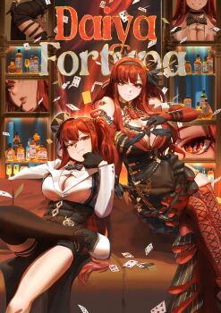  1girl 777 absurdres ace_(playing_card) ace_of_clubs ace_of_hearts ace_of_spades alcohol armband bar_(place) black_armband black_bow black_bowtie bow bowtie breasts card club_(shape) commentary daiya_fortuna diamond-shaped_pupils diamond_(shape) dress english_commentary hair_ornament hat heart heterochromia highres indie_virtual_youtuber king_(playing_card) liquor long_hair mini_hat mini_top_hat mismatched_pupils number_hair_ornament ovum ovum_with_heart playing_card queen_(playing_card) red_eyes red_hair second-party_source side_ponytail spade_(shape) symbol-shaped_pupils table top_hat whiskey ye_fan 