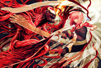  1boy 1girl angry battle blood breasts carnage_(marvel) clash claws crossover death_battle elfen_lied fahad-naeem fighting grin horns klyntar lucy_(elfen_lied) marvel mask open_mouth pink_eyes pink_hair red_eyes sharp_teeth short_hair smile spider-man_(series) symbiote teeth tentacles vectors  rating:Sensitive score:24 user:danbooru
