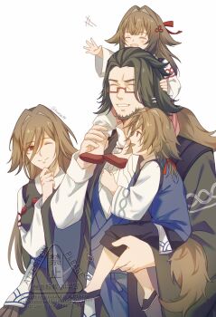  +++ 2boys 2girls beard black_hair black_pants black_shoes blush brown_hair brown_tail carrying child child_carry closed_eyes closed_mouth clover clover_hair_ornament commentary dress droopy_ears english_commentary facial_hair family family_bonding father_and_daughter father_and_son glasses green_dress green_jacket hair_between_eyes hair_ornament hand_on_own_chin highres holding_another's_leg husband_and_wife jacket kuro_lee long_hair looking_at_another mother_and_daughter mother_and_son multiple_boys multiple_girls one_eye_closed open_clothes open_mouth outstretched_arm pants parted_lips red_shoes shirt shoes shoulder_carry simple_background smile tail twitter_username white_background white_shirt wide_sleeves ye_shiyuan ye_shunguang zenless_zone_zero 