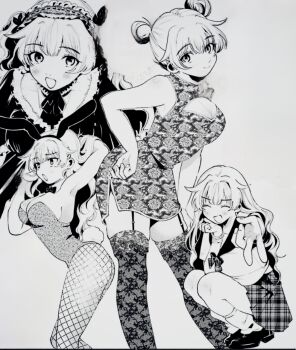  1girl blonde_hair chinese_clothes filter-goshi_no_kanojo gal greyscale koto_mitsuha long_hair monochrome playboy_bunny school_uniform shirt shoes skirt socks solo very_long_hair white_shirt white_socks 