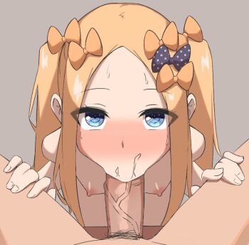  1boy 1girl :>= abigail_williams_(fate) animated animated_gif black_ribbon blonde_hair blue_eyes blush breasts completely_nude fate/grand_order fate_(series) fellatio grey_background hair_ribbon hand_on_another's_thigh hetero loli long_hair looking_at_viewer male_pubic_hair mz_(ltge3238) nipples nude oral penis polka_dot pov pov_crotch pubic_hair ribbon sidelocks simple_background small_breasts solo_focus uncensored veins veiny_penis yellow_ribbon  rating:Explicit score:445 user:PuttHutt