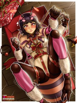  1girl antennae arthropod_girl artist_name bee_girl box breasts extra_arms flower gift gift_box hair_flower hair_ornament highres insect_girl large_breasts looking_at_viewer monster_girl original pink_flower red_ribbon ribbon short_hair solo stinger wooden_floor ych_commission zyxdraws 