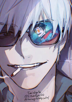  2boys artist_name cigarette highres looking_at_another male_focus multiple_boys nicholas_d._wolfwood ogata_tomio reflection signature smoking sunglasses trigun trigun_stampede trigun_stargaze twitter_username vash_the_stampede 