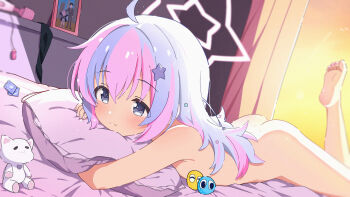  1girl absurdres ahoge ass barefoot bedroom black_neckerchief blue_archive blue_archive_the_animation blurry blurry_background blush c-r-carlos closed_mouth completely_nude condom condom_wrapper convenient_censoring curtains depth_of_field dutch_angle fingernails foot_out_of_frame grey_eyes hair_between_eyes hair_down hair_ornament halo highres hitachi_magic_wand hugging_object indoors leg_up loli long_hair lying multi-source_commentary multicolored_hair multicolored_nails nail_polish neckerchief nude on_bed on_stomach photo_(object) pillow pillow_hug pink_hair pink_nails purple_hair purple_nails reisa_(blue_archive) remote_control_vibrator sensei_(blue_archive) sensei_(blue_archive_the_animation) sex_toy smile soles solo star_(symbol) star_hair_ornament star_halo striped_nails stuffed_animal stuffed_cat stuffed_toy the_pose toenail_polish toenails toes two-tone_hair two-tone_nails unworn_neckerchief vibrator vibrator_cord 