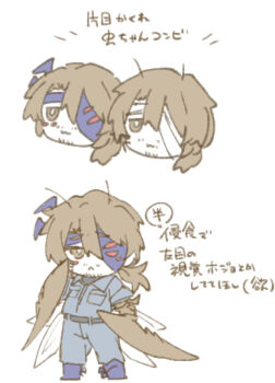 1boy 2boys :< :3 absurdres aedd_(e.g.o) alternate_costume antennae arthropod_boy arthropod_limbs artificial_eye bandage_on_face bandage_over_one_eye bandaged_head bandages beard_stubble belt black_belt black_shirt blue_horns blue_jacket blue_pants boots brown_eyes brown_hair chibi closed_mouth cockroach_boy dual_persona e.g.o_(project_moon) expressionless facial_hair formal_clothes frown full_body fusion g_corp._(identity)_(project_moon) gregor_(project_moon) hair_between_eyes hair_intakes half-closed_eyes heterochromia highres horns insect_wings jacket jitome lily26983455 limbus_company long_hair long_sleeves looking_ahead looking_to_the_side low_ponytail male_focus mechanical_eye monster_boy multiple_boys multiple_views official_alternate_costume one_eye_covered pants parted_bangs pocket ponytail project_moon red_eyes shirt sideways_glance simple_background sleeves_rolled_up smile standing stubble translation_request turtleneck turtleneck_shirt white_background wings