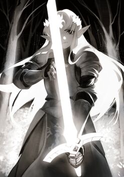  1girl armor armored_dress bare_tree blonde_hair commentary dress fantasy fighting_stance glowing glowing_hair glowing_sword glowing_weapon greyscale holding holding_sword holding_weapon knight laari_000 long_hair long_sleeves looking_at_viewer monochrome nintendo pointy_ears princess_zelda serious sidelocks solo sword the_legend_of_zelda tree weapon 