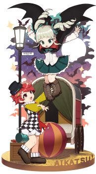  2girls aikatsu! aikatsu!_(series) ball bat_(animal) black_cape blunt_bangs boots box brown_boots brown_shoes cape carriage chibi chibi_only collared_shirt commentary_request copyright_name drill_hair floating_cape floating_hair frilled_skirt frills full_body green_eyes hair_floating_upwards hair_ribbon hat highres hitoto ichinose_kaede lamppost long_hair long_sleeves looking_at_another looking_down looking_up miniskirt multiple_girls open_mouth pleated_skirt red_eyes red_hair ribbon shirt shoes short_hair shorts skirt sky smile standing todo_yurika twin_drills twintails white_hat white_shorts 