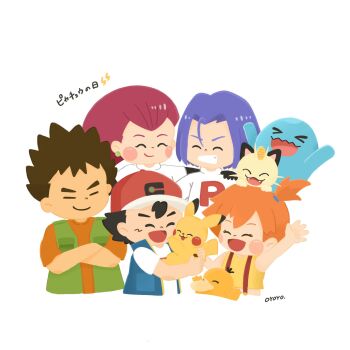 >_< 2girls 3boys :d arm_up artist_name ash_ketchum baseball_cap black_hair blue_hair blue_jacket blush_stickers brock_(pokemon) brown_hair chibi closed_eyes closed_mouth copyright_name crop_top crossed_arms earrings eyelashes fangs gen_1_pokemon gen_2_pokemon green_vest grin hair_slicked_back hair_tie happy hat holding holding_pokemon jacket james_(pokemon) jessie_(pokemon) jewelry meowth misty_(pokemon) multiple_boys multiple_girls nintendo on_head open_mouth orange_hair orange_shirt pikachu pokemon pokemon_(anime) pokemon_(creature) pokemon_journeys pokemon_on_head ponytail psyduck purple_hair red_hair shirt short_hair short_sleeves side_ponytail simple_background sleeveless smile spiked_hair suspenders team_rocket team_rocket_uniform teeth vest waving white_background white_shirt wobbuffet yellow_shirt